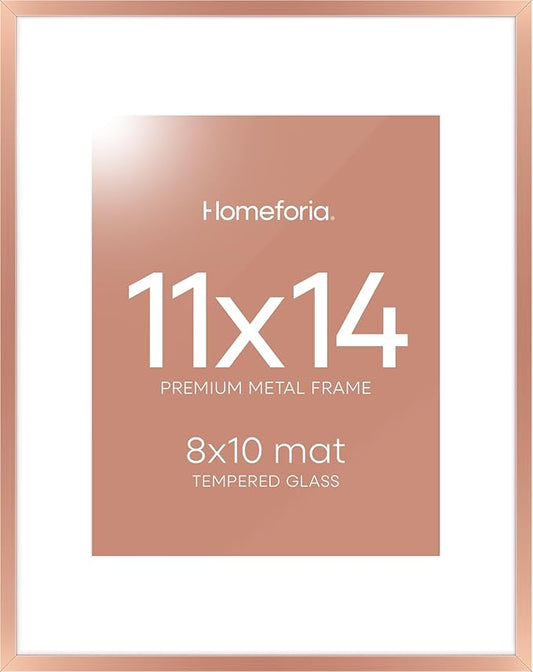 Homeforia 11x14 Picture Frame Rose Gold, High End Metal 11x14 Wall Hanging Frame with Mat 8x10, 11 x 14 Poster Frame Matted to 8 x 10 inch Photo, 11by14 Thin Frames, Tempered Glass, Wall Kit, Set of 1