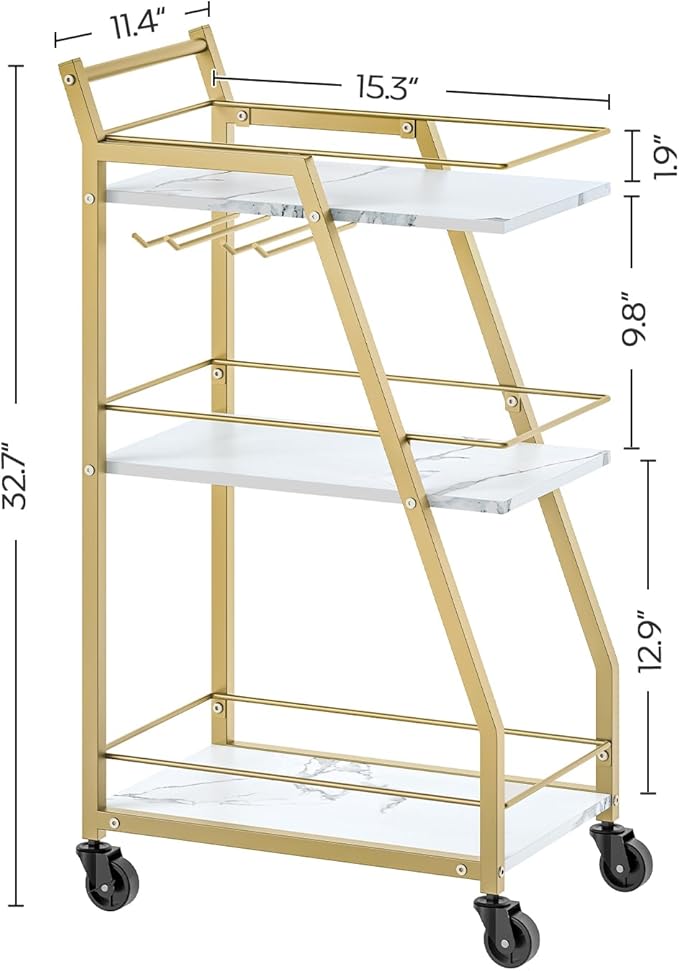 Bar Cart, Gold Bar Cart for The Home, Small Bar Cart on Wheels, Beverage Cart, Home Bar Serving Cart with Glass Holder, Drink Cart for Bar, Kitchen, Dining, Marble White and Gold BC03DW