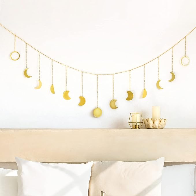 Mkono Moon Phase Wall Hanging Boho Aesthetic Room Decor Metal Moons Garland Hanging Art Bohemian Home Decoration for Girls Room Nursery Bedroom Livingroom Dorm, Ideal, Gold, 55"