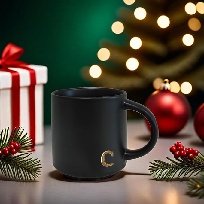 COLLECTIVE HOME - Black Monogram Ceramic Mugs, 15 oz Golden Initial Coffee Cups, Elegant Alphabet Tea Mugs, Personalized Halloween Mug with Gift Box, Perfect for Office and Home Décor (c)