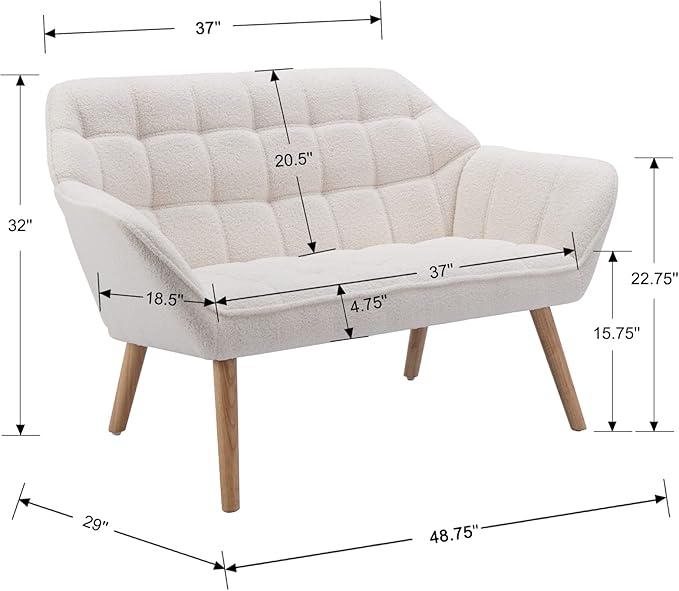 48" Small Loveseat Sofa, Modern Sherpa Mini Sofa Couch 2-Seater Fluffy Love Seat with Quilting Backs and Wood Legs for Living Room, Bedroom and Small Space, White