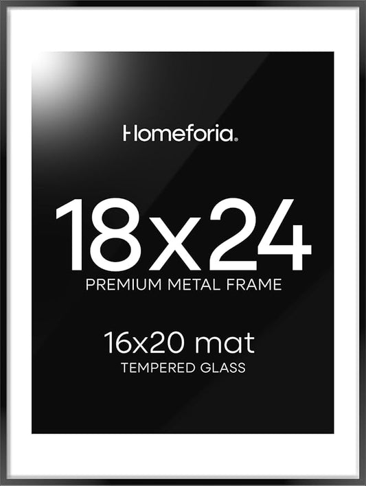 Homeforia 18x24 Poster Frame Black, High End Metal 18 x 24 Picture Frames with Mat 16 by 20 inch Photo, 18x24 Black Frame Matted to 16x20 Print, 24x18 Hanging Frame, Tempered Glass, Wall Kit, Set of 1