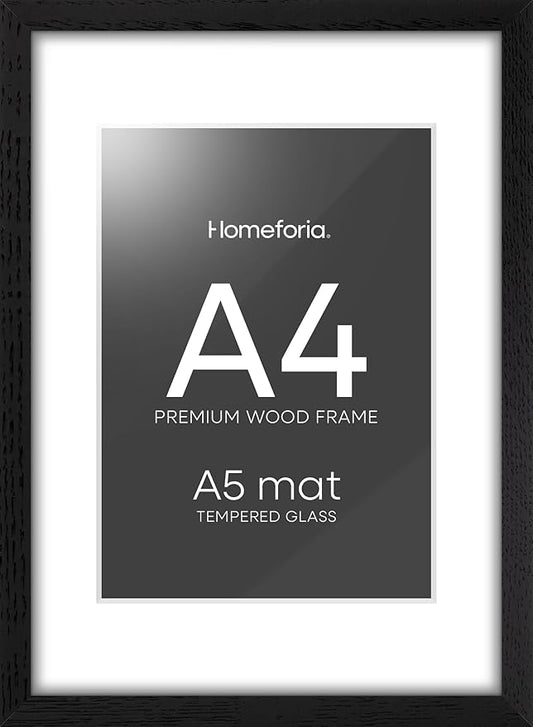 Homeforia A4 Picture Frame Black Wood, High-End Oak 8.3 x 11.7 Black Poster Frames Matted to 5.8 by 8.3 Photo, 8.3x11.7 Size Wooden Frame with Mat for 5.8x8.3 Print, Tempered Glass, Wall Kit, Set of 1