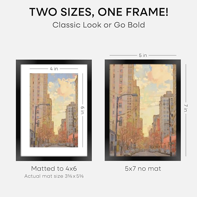 Homeforia 5x7 Picture Frame Black, High End Metal 5 x 7 Black Frames with Mat 4 x 6 for Art, 5x7 Desk Frame Matted to 4x6 inch Photo, 5 by 7 Wall or Tabletop Frames, Tempered Glass, Wall Kit, Set of 1