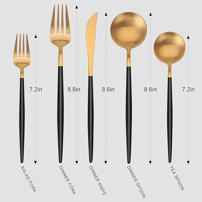 Matte Gold Silverware Set with black handle, Vanys 20 Piece Stainless Steel Cutlery Flatware Set, Kitchen Utensil Sets for 4, Tableware With Knife Spoons And Forks Set, Satin Finished Polished