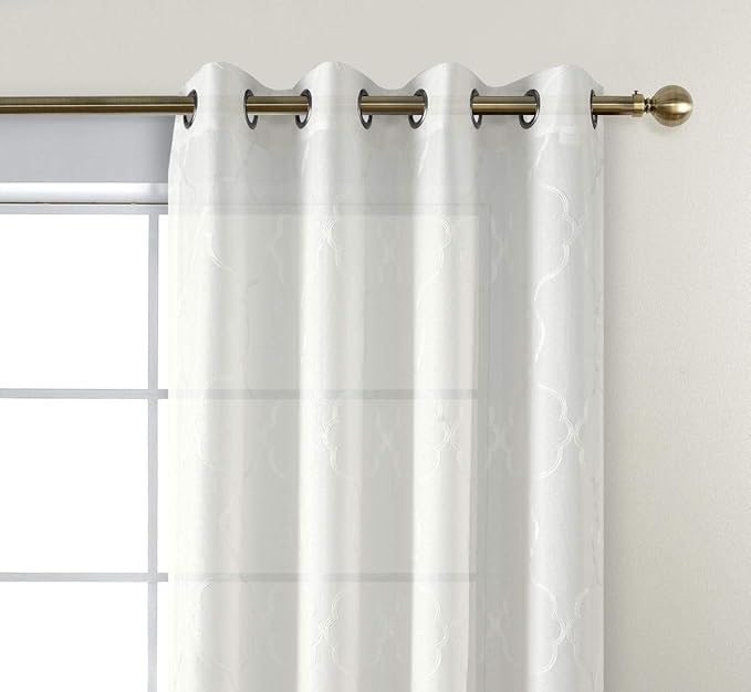 MIUCO Moroccan Embroidered Semi Sheer Curtains Faux Linen Grommet Window Curtains for Bedroom Living Room 95 Inches Long 2 Panels, Pure White