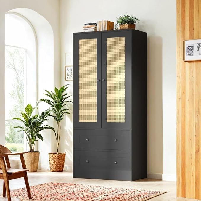 64.2" Tall Rattan Black Kitchen Pantry, Storage Cabinet with Doors and Drawers, Freestanding Wooden Organizer for Kitchen, Dining Room