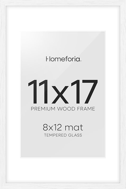 Homeforia 11x17 White Wood Frame, High End Oak 17 x 11 White Wooden Picture Frames with Mat 8 by 12, 11x17 Poster Frame Matted to 8x12 inch Photo, 17x11 Thin Frames, Tempered Glass, Wall Kit, Set of 1
