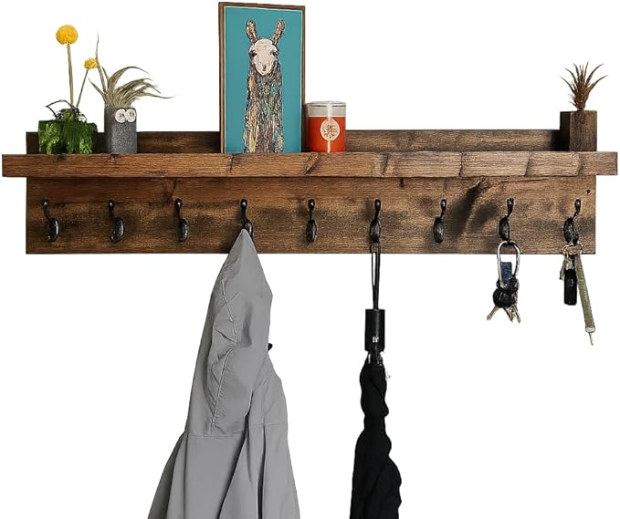 Coat Rack with Shelf Wall Mounted with Storage (Choose Your Length) Towel Rack Entryway Organizer Key Hooks (40" L (10 Hooks))