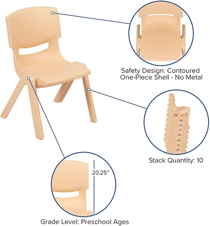Flash Furniture Emmy Adjustable Classroom Activity Table with 6 Stackable Chairs, Plastic Activity Table for Kids, 23.625" W x 47.25" L, Natural