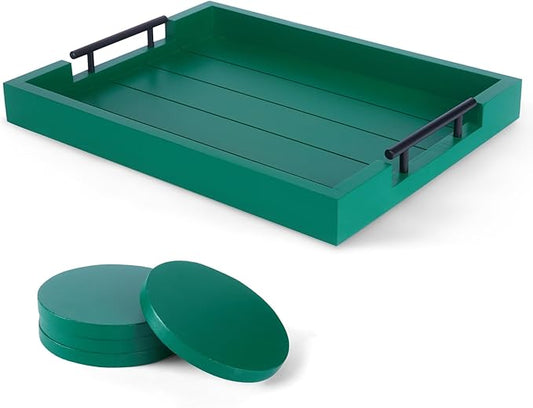 Ottoman Coffee Table Decorative & Serving Tray, 17x13 Inch Wood Tray with 4 Wooden Coasters - Perfect for Ottoman & Breakfast