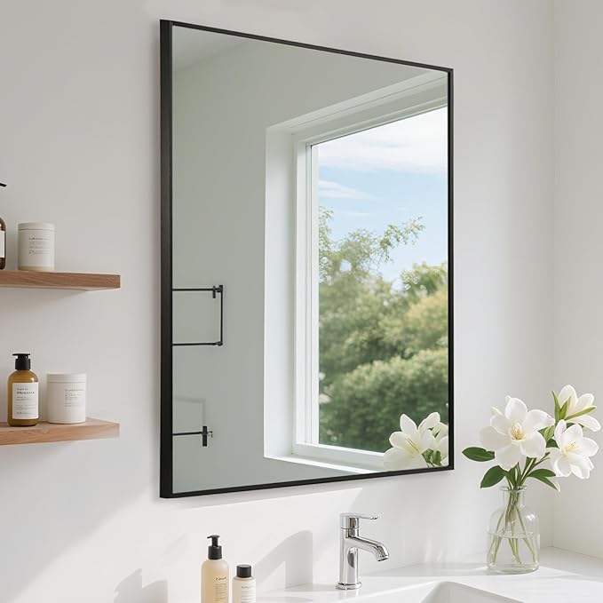 FARMER 24x32 Inch Black Bathroom Mirror, Rectangle Wall Mounted Mirror, Vanity Mirror, Brushed Square Mirror, Framed Bathroom Mirror for Bedrooms, Entryways, Living Rooms, Horizontal/Vertical