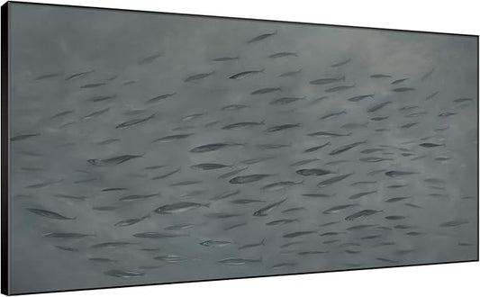 SIGNWIN 24"x46" Extra Large Framed Wall Art Gray School of Fish Minimalist Ocean-Inspired Marine Life Illustration for Home Living Room Bedroom Decor (Frame Assembly Required)