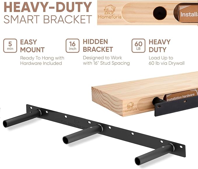 Homeforia Black Floating Shelf 48 inches, High End Solid Real Wood 48 inch Long Floating Shelves for Wall, Black Wooden 48inch Large Floating Shelves, Heavy Duty Bracket, 48 X 6.5 X 1.75 in, Set of 2