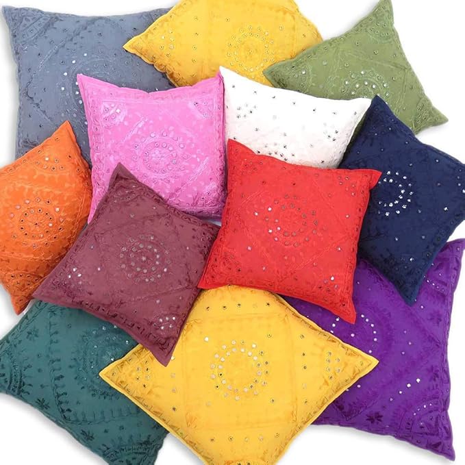 Eyes of India Embroidered Decorative Boho Throw Pillow Cover with Mirrors, Handmade Bohemian Accent Cushion Case for Sofa Couch Bedroom Living Room (Green, 16" x 16")