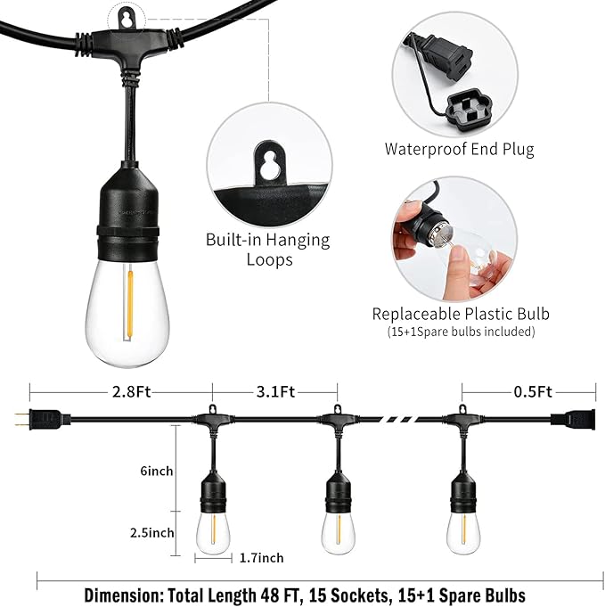 48FT Outdoor String Lights LED Heavy-Duty Waterproof Patio Lights with 16 Shatterproof Plastic 2200K Warm White Bulbs for Patio Gazebo Pergola Cafe Market Bistro