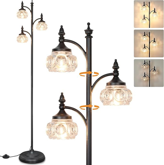 Black Floor Lamp for Living Room,Tall Standing Lamp Dimmable Tree Floor Lamps with 3 Rotatable Lights Glass Shade 66.5'' Modern Corner Lamp for Bedroom Office(3LED Bulbs Included)