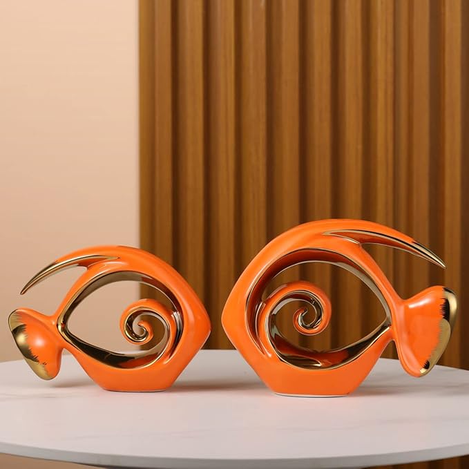 Orange Gold Ceramic Fish Figurines - Coastal Home Decor, Modern Ocean Centerpieces for Living Room, Dining Area, Bathroom, Office, Coffee Table, Beach House, Nautical, Seaside, Entrance, Shelf Display