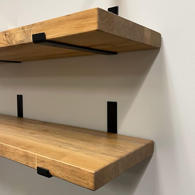 Rustic Shelves with J-Brackets Set of 2, Industrial Shelf, Kitchen Shelves, Solid Wood, Decorative Wall Storage, Heavy Duty, URBANDI (Brown, 48Wx8D)
