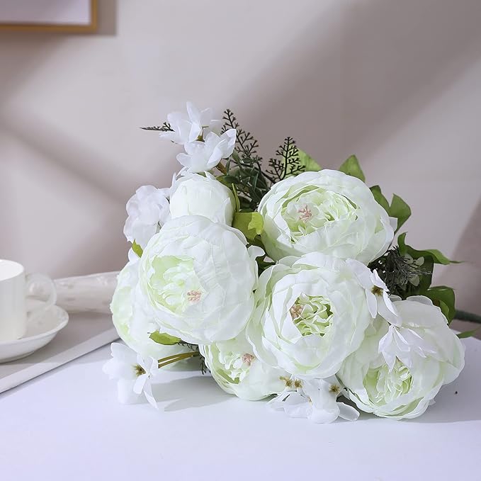 Duovlo Springs Flowers Artificial Silk Peony Bouquets Wedding Home Decoration,Pack of 1 (Spring White)