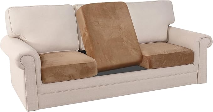 PrinceDeco Super Soft Couch Cushion Covers for Sectional Couch, Velvet Sofa Slipcover for Cushion Sofa pet Friendly with Elastic Bottom(Each Width Up to 29.5", Camel)