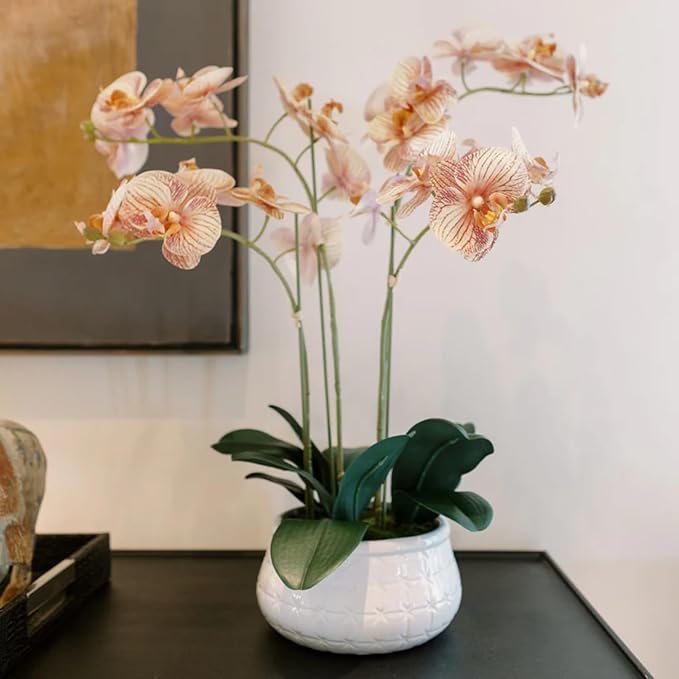 Faux Orange Orchid Plant, Premium Artificial Indoor Flower Display Stands 23”, Beautiful Sculptural Blooms That Lasts Forever, White Planter Pot Included