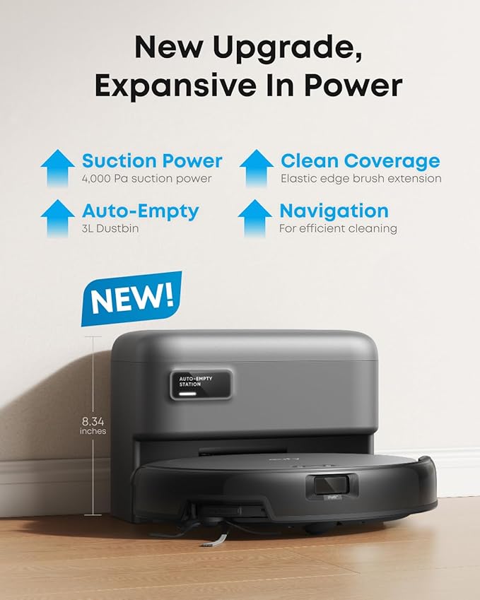 eufy C10 Robot Vacuum Self Emptying, 8 Weeks Hands Free, Advanced Smart Mapping with LiDAR Navigation, 2.85-Inch Slim Design, Powerful Suction, Edge Expansion Brush for Pet Hair