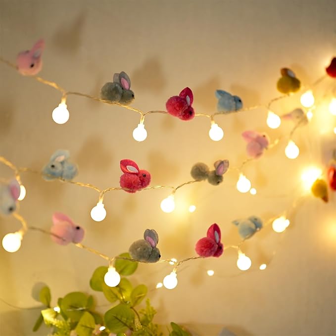 9.85Ft Easter Decor String Lights with Timer 20 Rabbit Shaped Pompoms 20 Ball LED Garland Battery Operated Easter Decorations Bunny Lights for Home Party Kids Room Bedroom Birthday Wedding Indoor