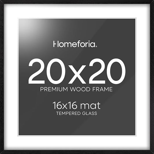 Homeforia 20x20 Black Wood Frame, High End Oak 20 x 20 Square Picture Frames with Mat 16 by 16 inches Photo, 20by20 Black Wooden Poster Frames Matted to 16x16 Print, Tempered Glass, Wall Kit, Set of 1