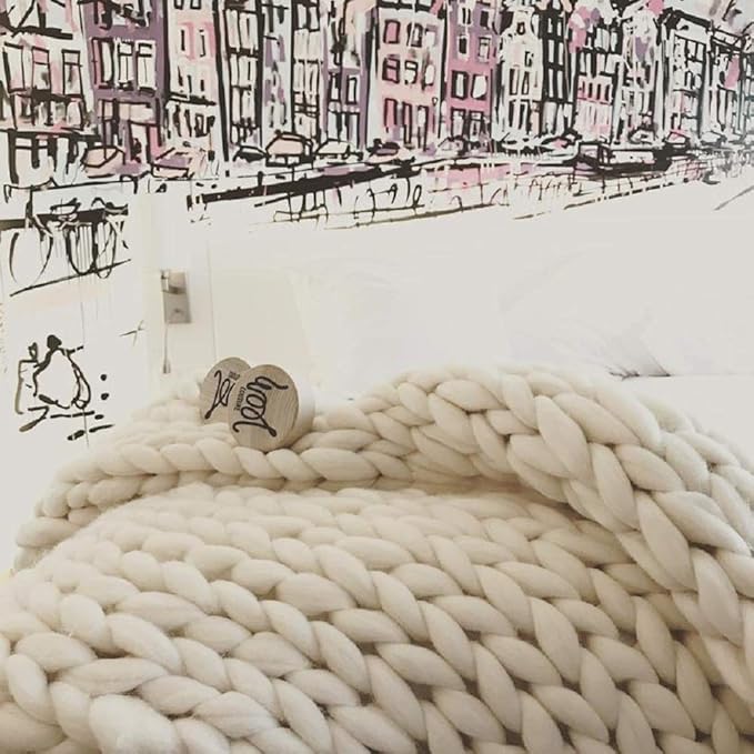 Chunky Knit Blanket Hand Made Merino Wool Throw Boho Bedroom Sofa Home Decor Giant Yarn(Ivory White 40"x80")