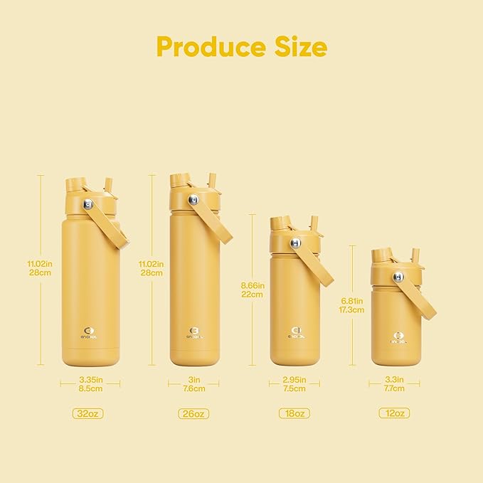 Kids Insualated Water Bottle with Straw - 12oz Stainless Steel Water Bottle with Dual Spouts, Leak-Proof, BPA-Free, Double Wall Vacuum Keeps Cold for 24 Hours for Sports, Travel, School (Elfin Yellow)