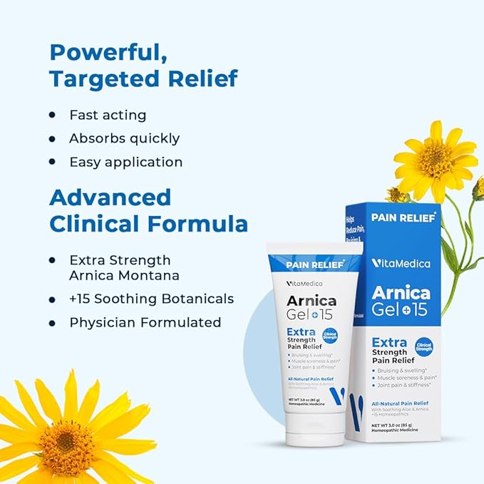 VitaMedica Arnica Gel Plus 15 Healing Plant Compounds, Extra Strength Formulation for Bruising, Swelling, Joint Pain, Muscle Soreness & Stiffness, All-Natural, Plant-Based Pain Relief