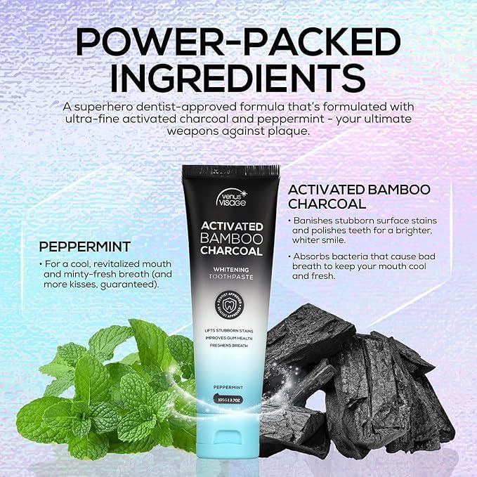 Venus Visage Activated Charcoal Toothpaste for Whitening, 3 Pack - Effective Teeth Whitening Toothpaste for Surface Stains - Peppermint Flavor (3.7 oz/105 g)