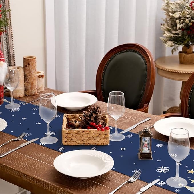 GEEORY Christmas Table Runner 13x72 Inch, Xmas Trees Snowflakes Holiday Decorative Farmhouse Table Decoration for Kitchen Dinning, Indoor Outdoor Dinner Party Decor (Blue) GT151-72