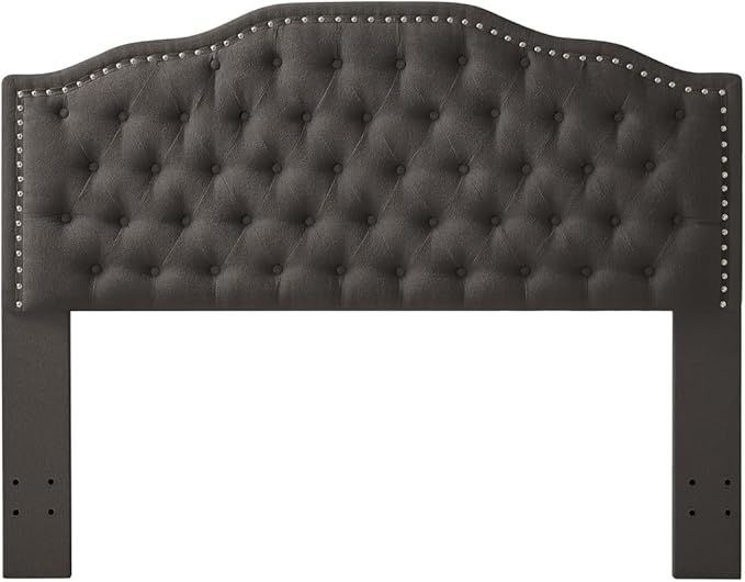 24KF Upholstered Button Tufted Queen Headboard with Nailhead Trim, Elegant Boucle Fabric Full headboard, 6031-Q-Boucle-Dark Gray