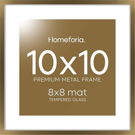 Homeforia 10x10 Picture Frame Bronze, High End Metal 10 by 10 Square Brass Frames with Mat 8 x 8 Photo, 10x10 Poster Frame Matted to 8x8 Art, Wall or Tabletop Frame, Tempered Glass, Wall Kit, Set of 1