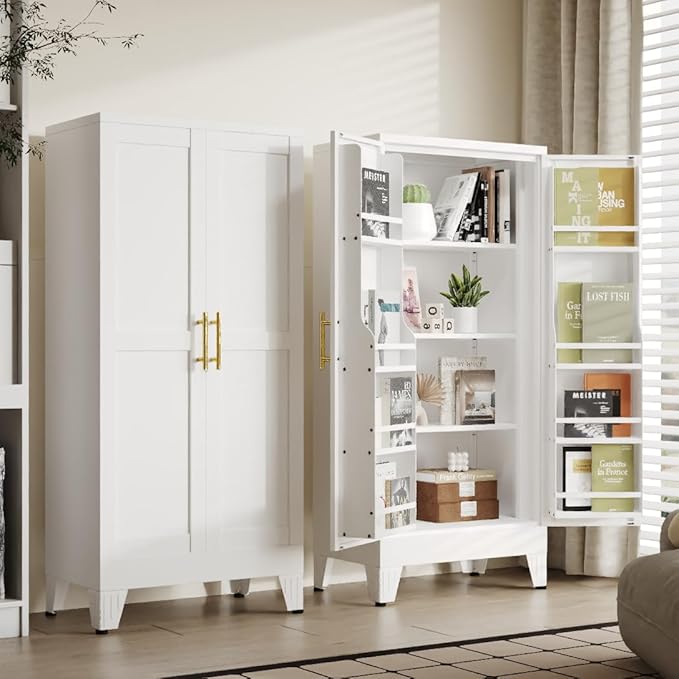 51" Kitchen Pantry Cabinet, Metal Storage Cabinet with 3 Adjustable Layer Shelves, 8 Door Shelves, Buffet Sideboard for Living Room, Kitchen, White
