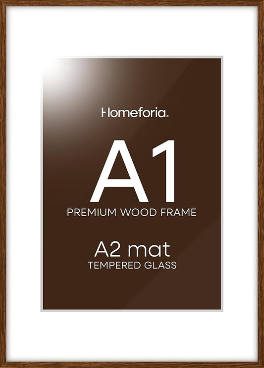 Homeforia A1 Poster Frame Brown, High End Dark Oak 23.4 x 33.1 Wooden Picture Frames Matted to 16.5 by 23.4 Photo, A1 Walnut Wood Frame with Mat A2, 23.4x33.1 Frame, Tempered Glass, Wall Kit, Set of 1