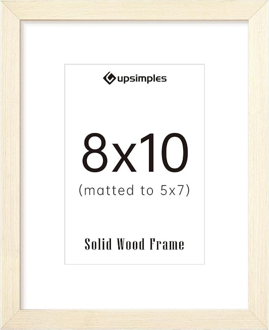 upsimples 8x10 Picture Frame, Natural Solid Wooden Picture Frames, Display 5x7 with Mat or 8 x 10 Without Mat, Wall or Tabletop, 1 Pack, White