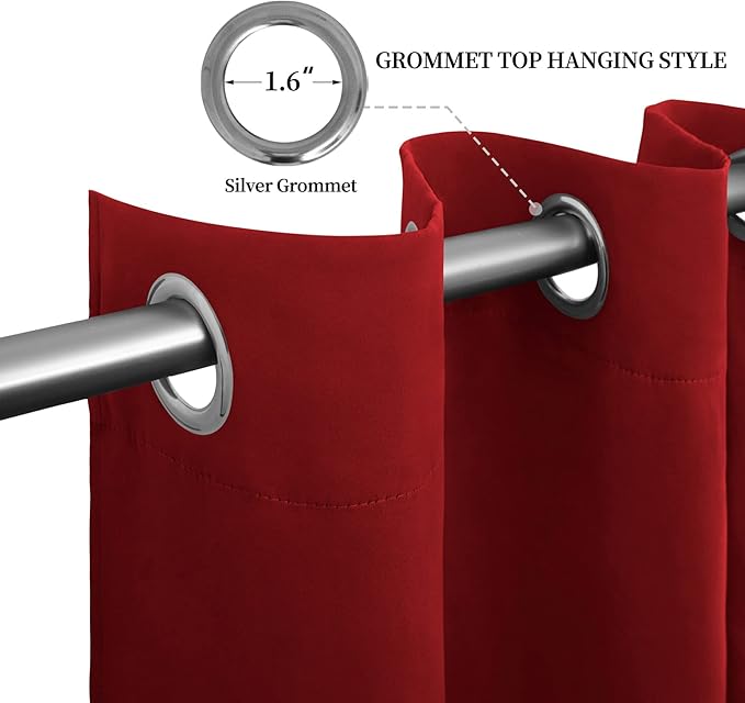 Easy-Going Blackout Curtains for Bedroom, Solid Thermal Insulated Grommet and Noise Reduction Window Drapes, Room Darkening Curtains for Living Room, 2 Panels (52x108 in,Christmas Red)