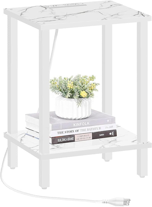 TUTOTAK End Table with Charging Station, Small Side Table with Outlets, Nightstand Bedside Table, 2-Tier Storage Shelf for Small Space, Living Room, Bedroom, Marble White TB01BMW040