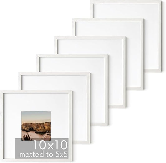 HAUS AND HUES Solid Oak Wood 10”x10” Picture Frames Matted to 5”x5” Set of 6 - Square White Picture Frames 10x10, White Frames 10 x 10, Gallery Wall Frame Set, 10 x 10 White Poster Frames