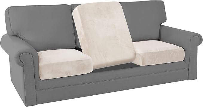 PrinceDeco Stretch Sofa Cushion Covers for Couches and Sofas,Soft Velvet Couch Seat Covers, Sofa Covers Washable, Seat Cushion Cover for 3 Couch Sofa Pet Friendly - Ivory, Each Width Up to 29.5"