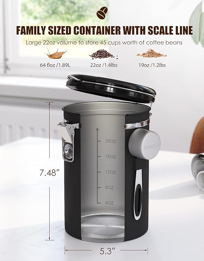 HAIOOU Airtight Coffee Canister, 22OZ Large Stainless Steel Coffee Bean Storage Container with Date Tracker, Measuring Scoop, 6Pcs CO2 Valves and Mini Tongs for Beans, Grounds, Sugar and more - Black