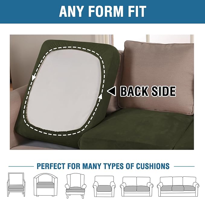 H.VERSAILTEX Velvet Stretch Couch Cushion Cover Plush Cushion Slipcover for Chair Loveseat Sofa Cushion Furniture Protector Seat Cushion Sofa Cover (3 Piece XL Sofa Cushion Covers, Olive)