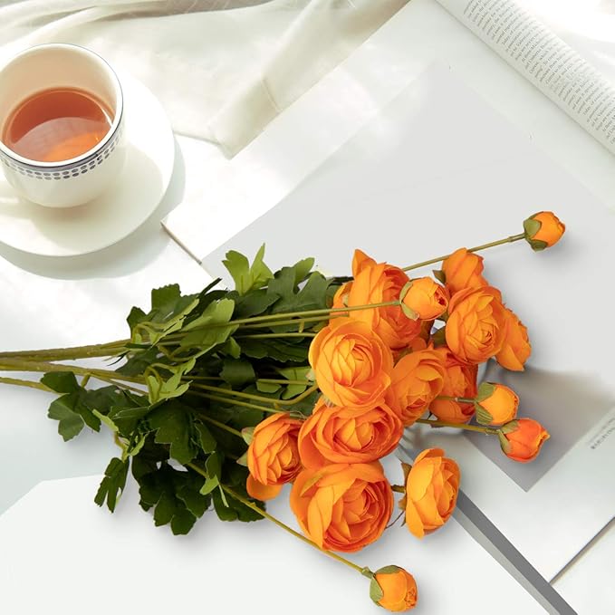 5 Stems Artificial Silk Ranunculus Flowers Orange 23" Tall,UV Resistant,Bendable Stems for Wedding Centerpieces,Home Deco（Orange）