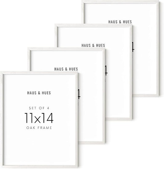 HAUS AND HUES 11x14 White Picture Frames Set of 4-11x14 White Frames Sets for Wall Collage, 11x14 Picture Frames and White Photo Frames, Wall Frame Set White and Wood Frames 11x14 (White Oak)