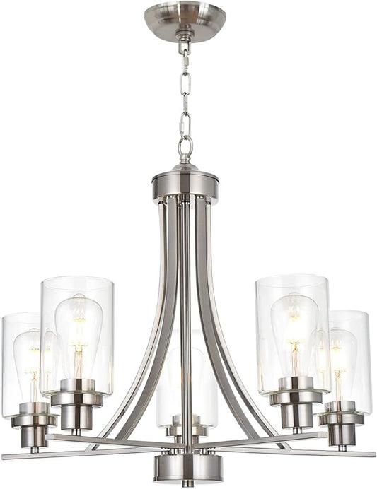 BONLICHT Traditional Chandelier Lighting 5 Light Brushed Nickel Modern Light Fixtures Hanging Pendant Lighting with Clear Glass Shade Classic Ceiling Lights for Kitchen Dining Room Living Room Island