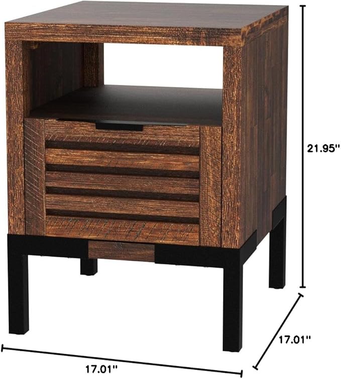 Bme Millie Solid Acacia Wood Rustic Nightstand with Drawers & Open Shelf, Pre-Assembled Industrial Modern Side Table for Living Room, Bedroom