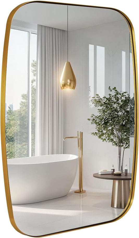 ANDY STAR Gold Oblong Mirror, 32x40 Inch Gold Oval Mirror for Bathroom with Stainless Steel Metal Frame, Wall Mouned for Bathroom, Living Room, Entryway